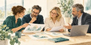 Illustration af fire personer i et B2B-købsteam, der gennemgår et forslag