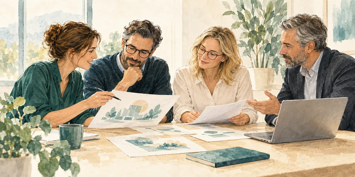 Illustration af fire personer i et B2B-købsteam, der gennemgår et forslag