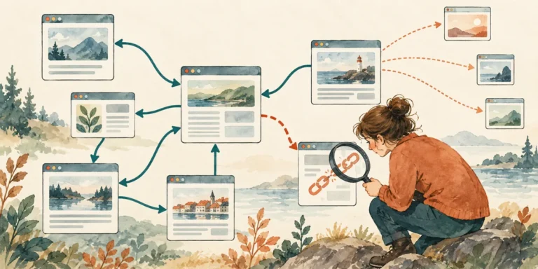 Illustration af interne og eksterne links mellem websider samt et brudt link