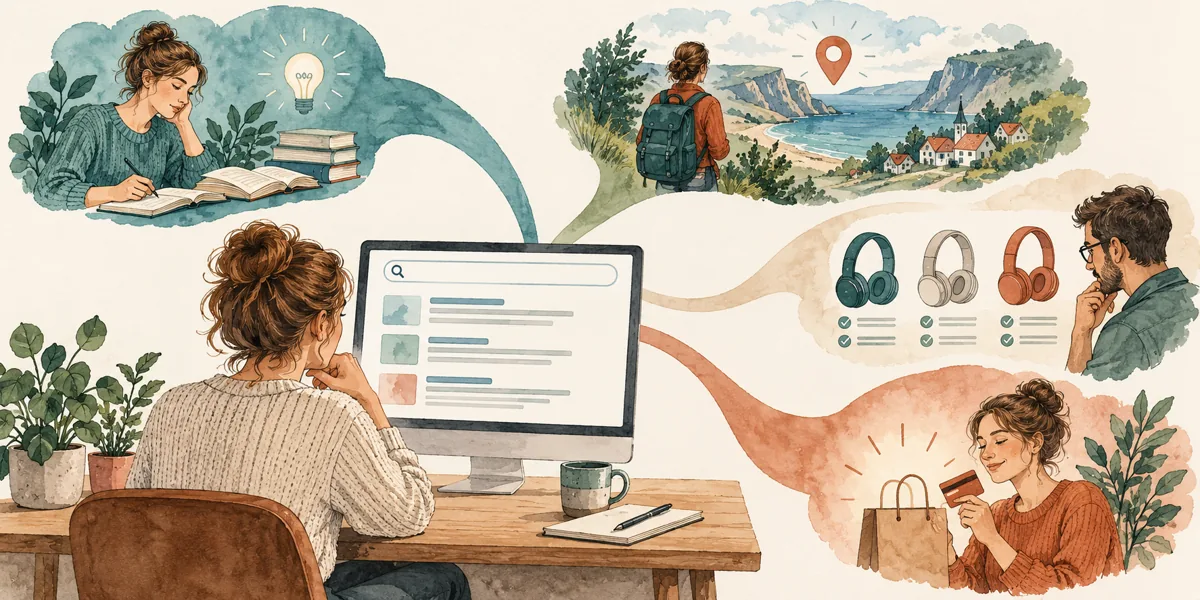 Illustration af fire forskellige formål bag søgninger: læring, navigation, sammenligning og køb