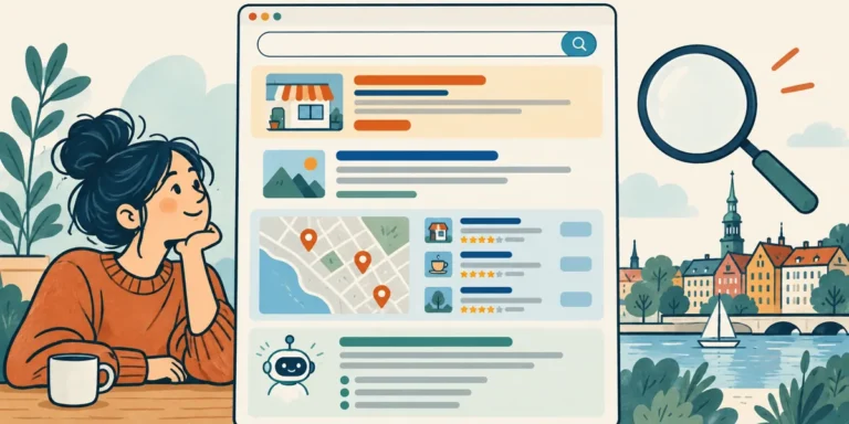 Illustration af Googles søgeresultater med organiske resultater, annoncer og AI-oversigt