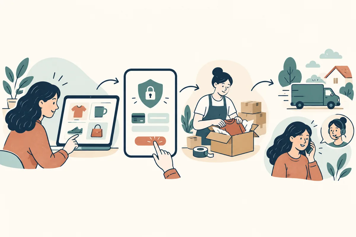 Online handel fra produktkatalog og betaling til pakning, levering og kundeservice