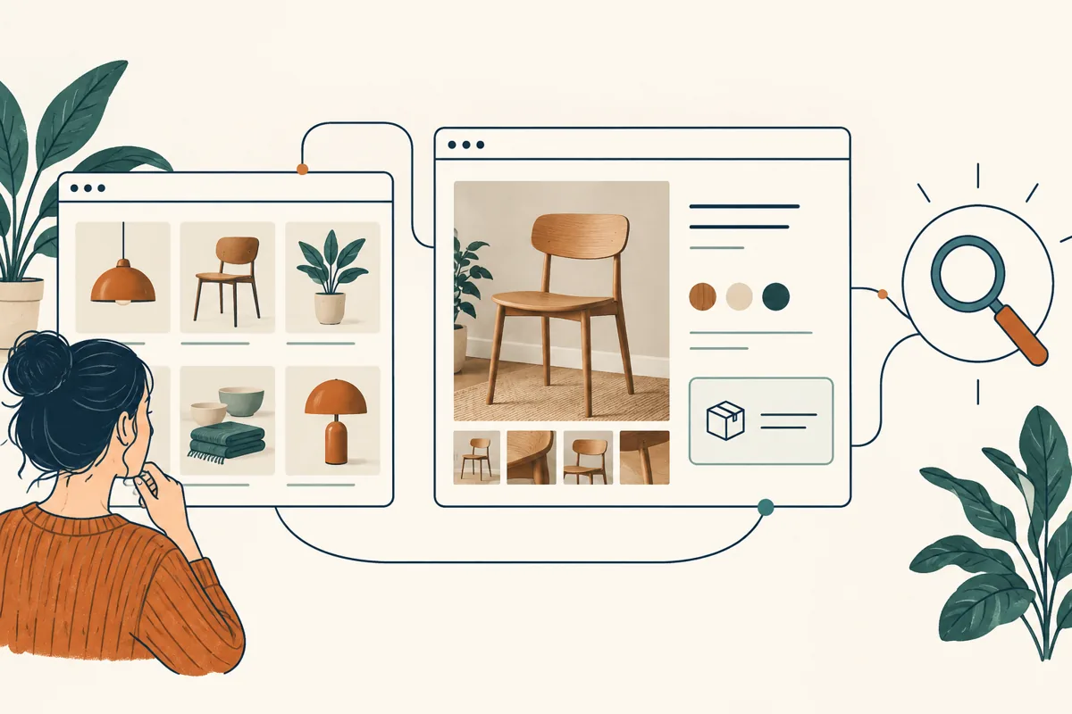 Illustration af vej fra webshopkategori til produktside med varianter og levering