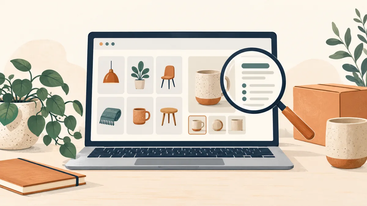 Illustration af webshop med kategorier, produktdetaljer og søgning
