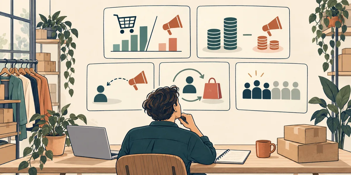 Illustration af de fem webshopmålinger MER, POAS, CAC, CLV og NCR
