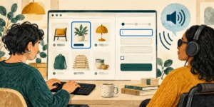 Illustration af tastaturbetjening og skærmlæser i en webshop